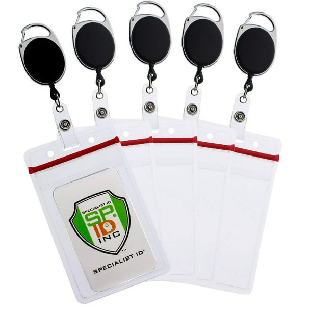Premium Retractable ID Reels with Carabiner Belt Loop Clip and Heavy Duty Badge Holder Sleeve Vertical Clear Plastic w Resealable Red Zip by Specialist ID 5 Pack Assorted Colors